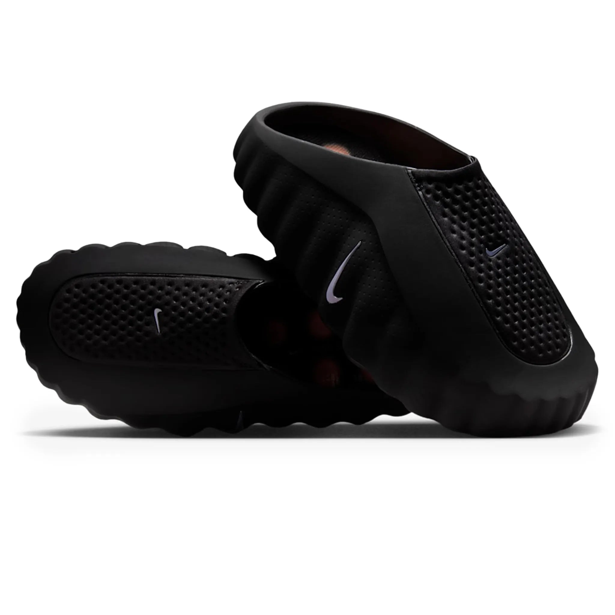 Front Side View of Nike Mind 001 Pregame Black Chrome Mules HQ4307-001